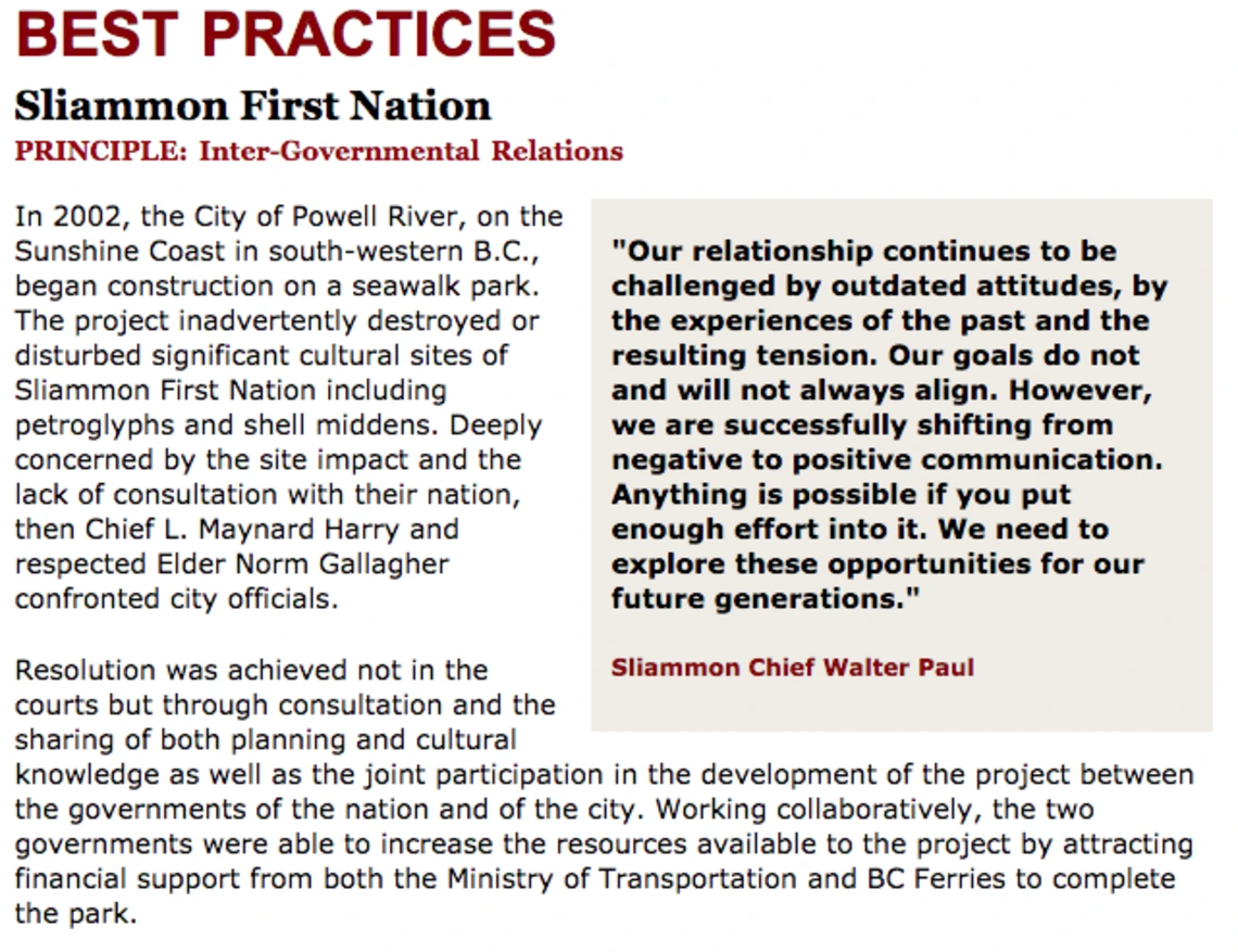 Best Practices Case Study (Inter-Governmental Relations): Sliammon First Nation