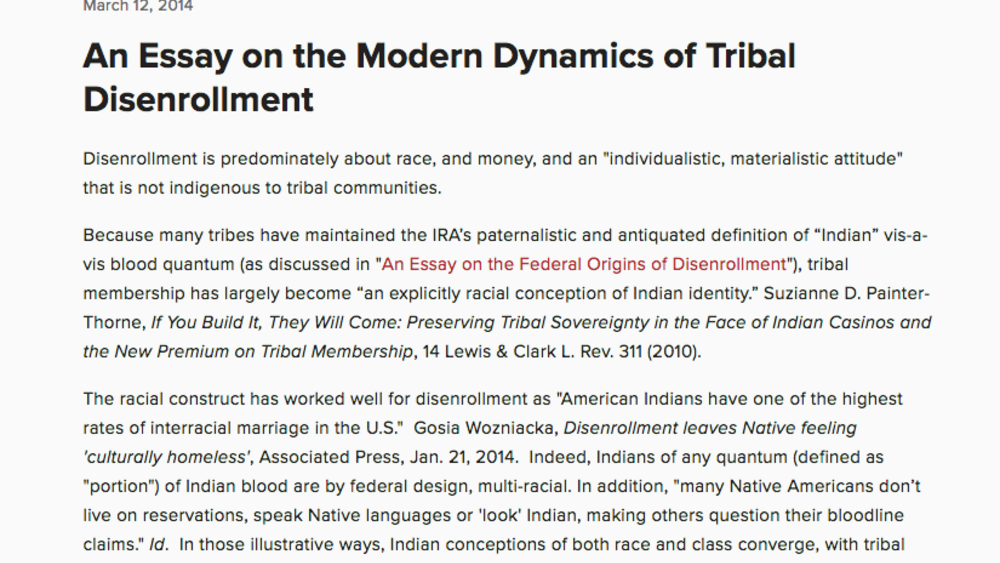 An Essay on the Modern Dynamics of Tribal Disenrollment An Essay on the Modern Dynamics of Tribal Disenrollment