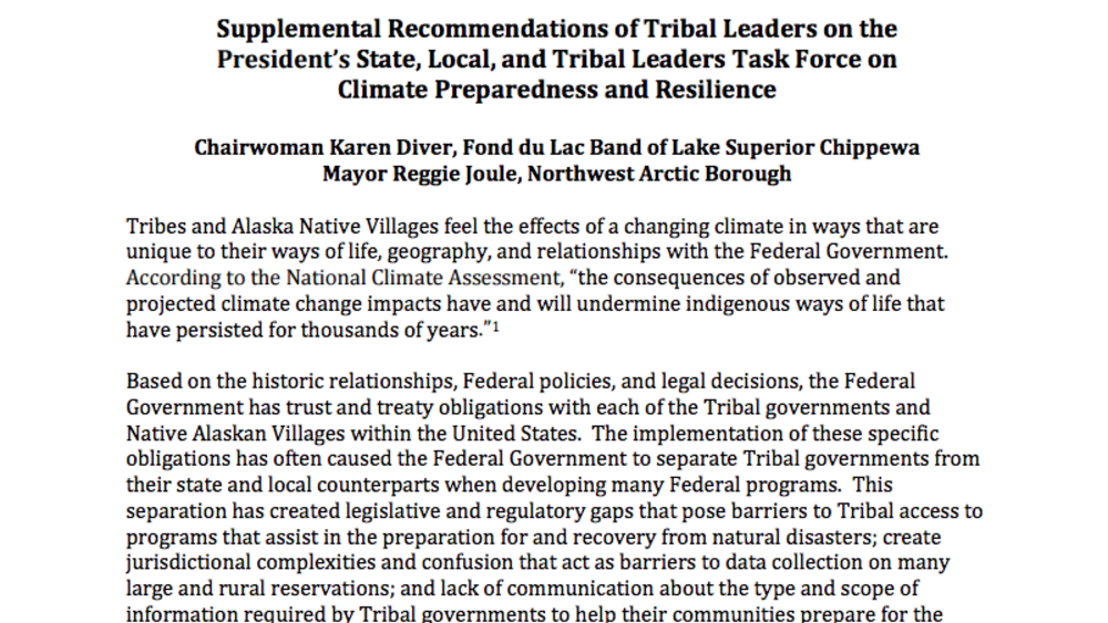 Supplemental Recommendations of Tribal Leaders on the Presidentâ€™s State, Local, and Tribal Leaders Task Force on Climate Preparedness and Resilience