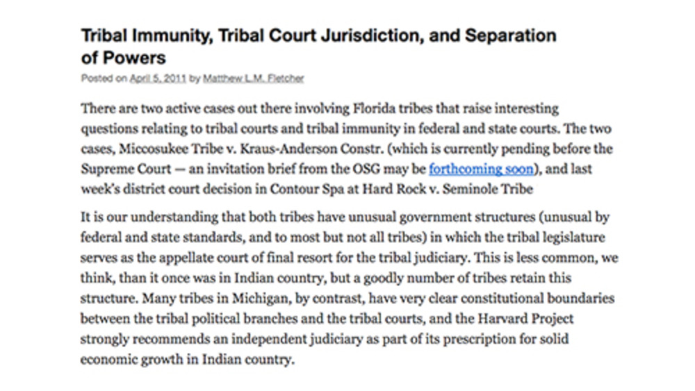 Tribal Immunity, Tribal Court Jurisdiction, and Separation of Powers Tribal Immunity, Tribal Court Jurisdiction, and Separation of Powers