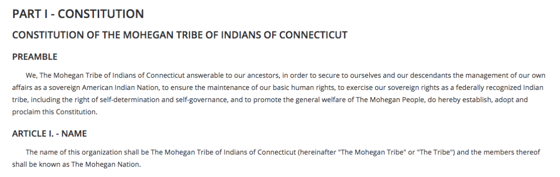 Mohegan Tribe: Legislative Functions Excerpt