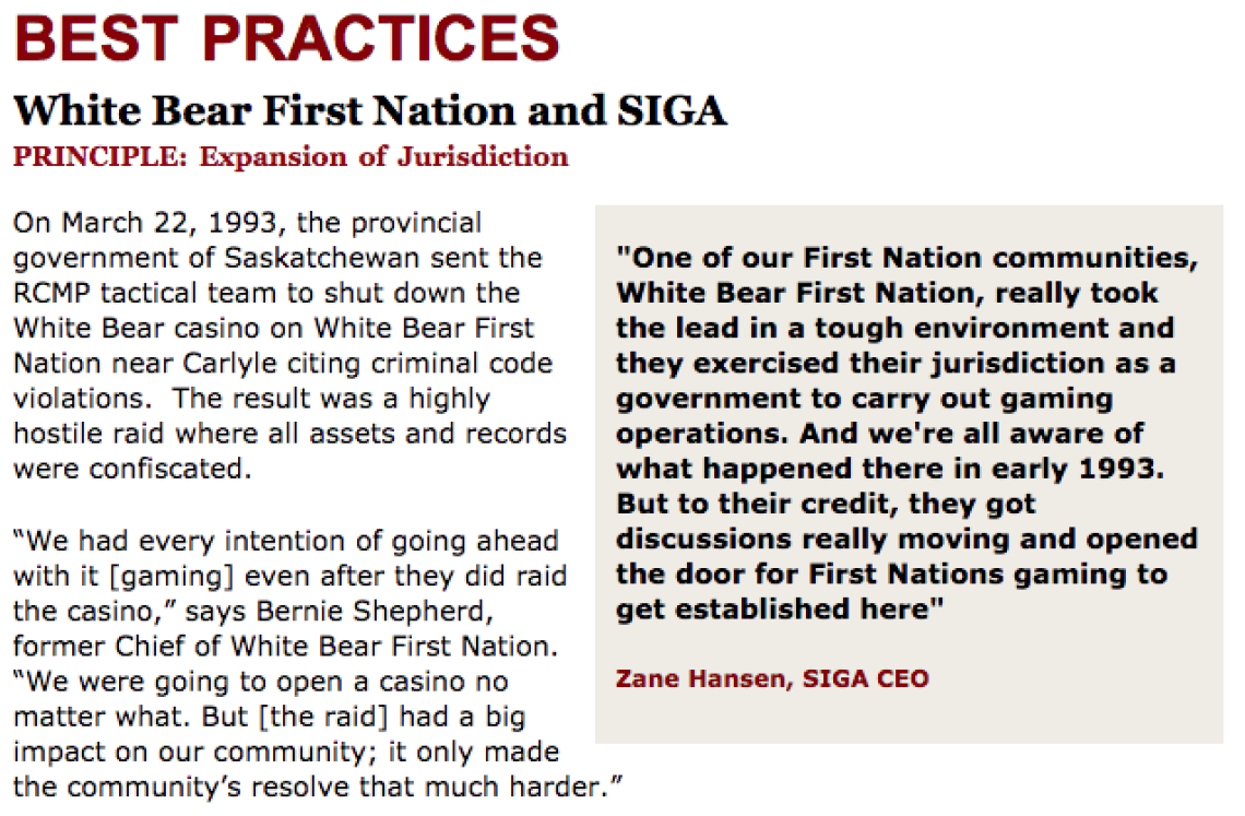 Best Practices Case Study (Expansion of Jurisdiction): White Bear First Nation and SIGA