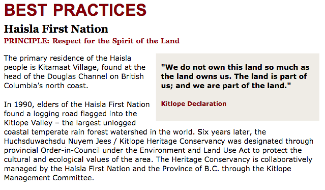 Best Practices Case Study (Respect the Spirit in the Land): Haisla First Nation