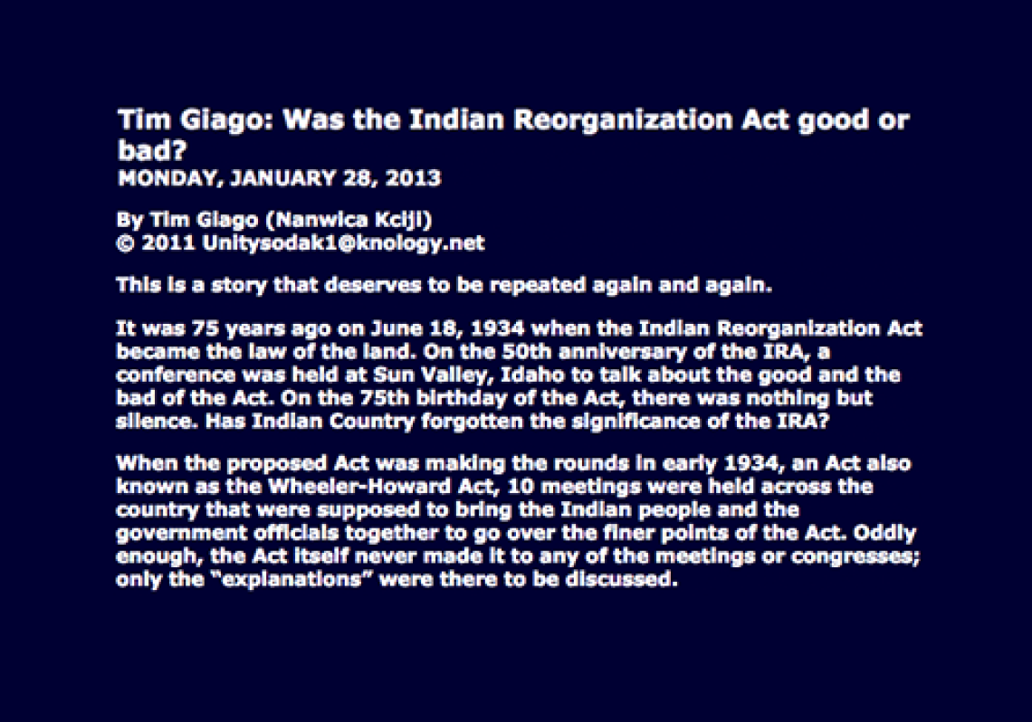 Tim Giago: Was the Indian Reorganization Act good or bad?
