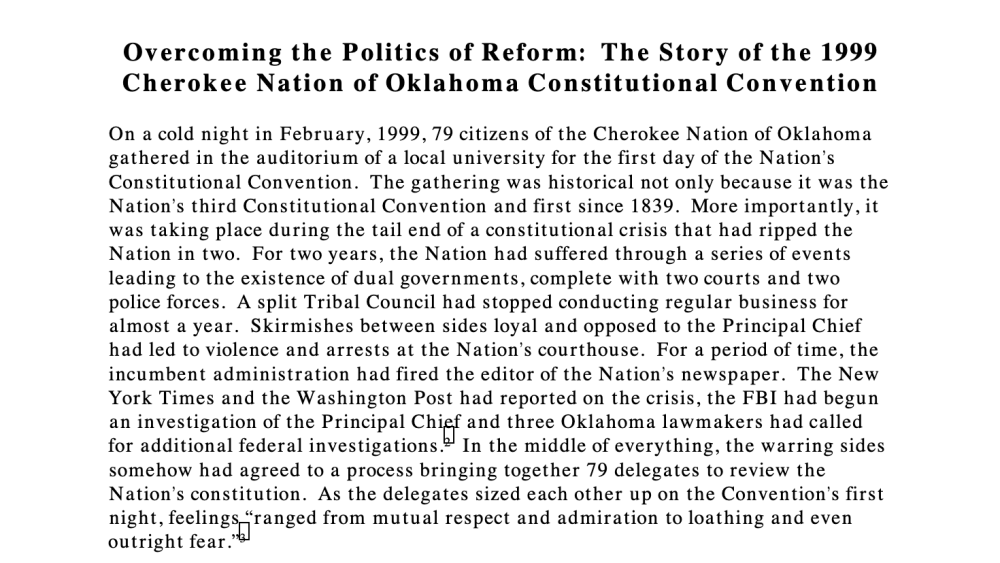 Overcoming the Politics of Reform: The Story of the 1999 Cherokee Nation of Oklahoma Constitutional Convention