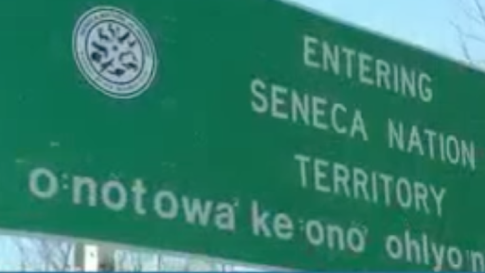 Entering Seneca Nation Territory sign: o : nõtowa' ke : onõ' ohiyo : nõ' Entering Seneca Nation Territory sign: o : nõtowa' ke : onõ' ohiyo : nõ' (Seneca language)