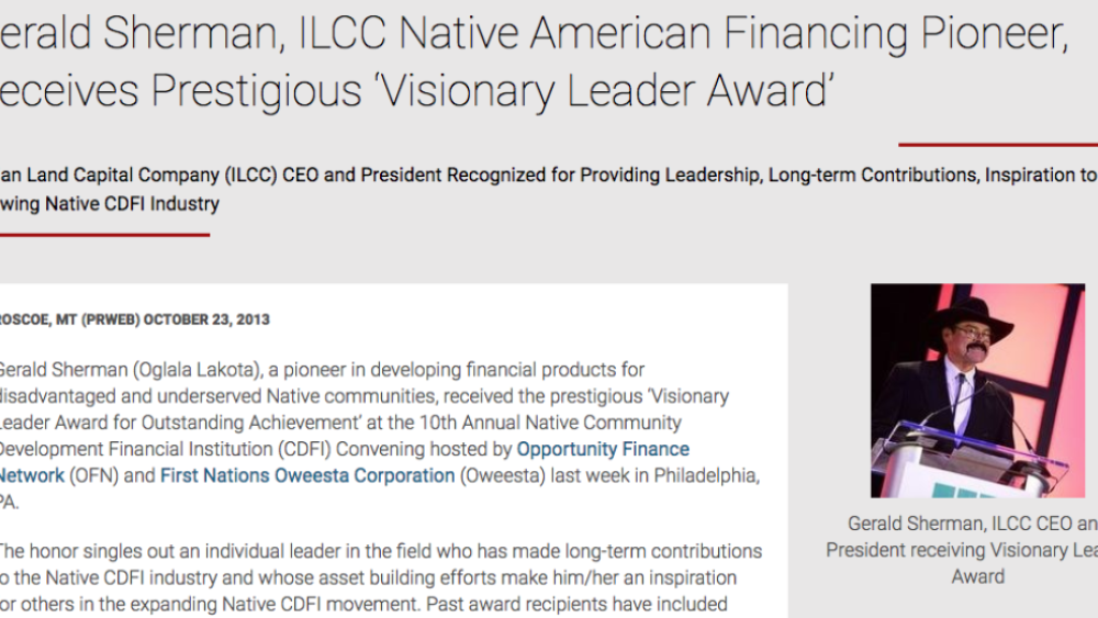 Gerald Sherman, ILCC Native American Financing Pioneer, Receives Prestigious â€˜Visionary Leader Awardâ€™