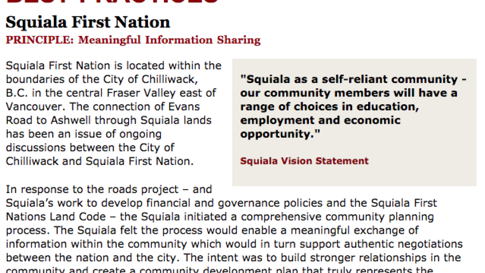 Best Practices Case Study (Meaningful Information Sharing): Squiala First Nation Best Practices Case Study (Meaningful Information Sharing): Squiala First Nation