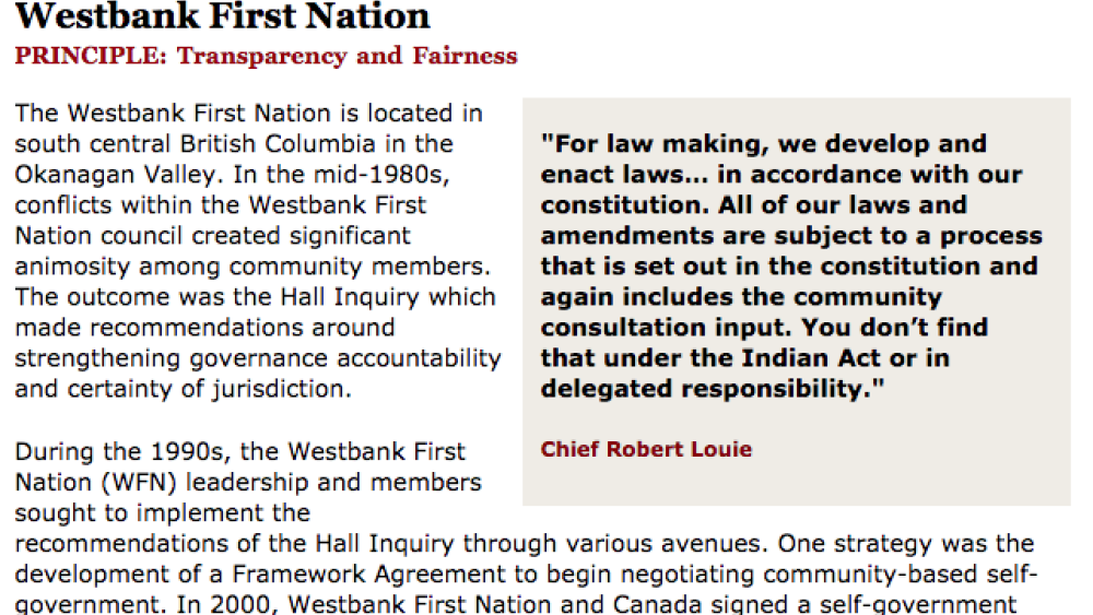 Best Practices Case Study (Transparency and Fairness): Westbank First Nation