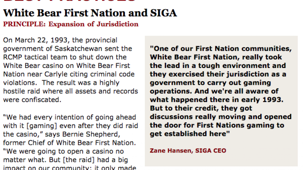 Best Practices Case Study (Expansion of Jurisdiction): White Bear First Nation and SIGA