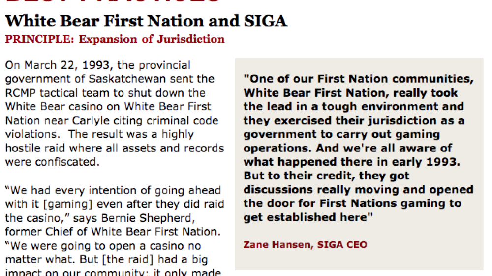 Best Practices Case Study (Expansion of Jurisdiction): White Bear First Nation and SIGA Best Practices Case Study (Expansion of Jurisdiction): White Bear First Nation and SIGA