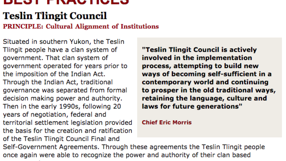 Best Practices Case Study (Cultural Alignment of Institutions): Teslin Tlingit Council Best Practices Case Study (Cultural Alignment of Institutions): Teslin Tlingit Council