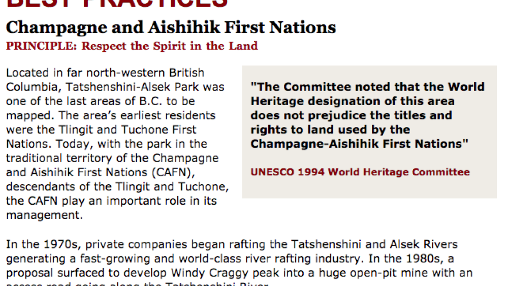 Best Practices Case Study (Respect the Spirit in the Land): Champagne and Aishihik First Nations