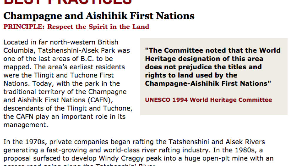 Best Practices Case Study (Respect the Spirit in the Land): Champagne and Aishihik First Nations Best Practices Case Study (Respect the Spirit in the Land): Champagne and Aishihik First Nations