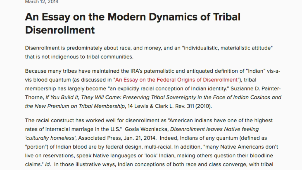 An Essay on the Modern Dynamics of Tribal Disenrollment An Essay on the Modern Dynamics of Tribal Disenrollment