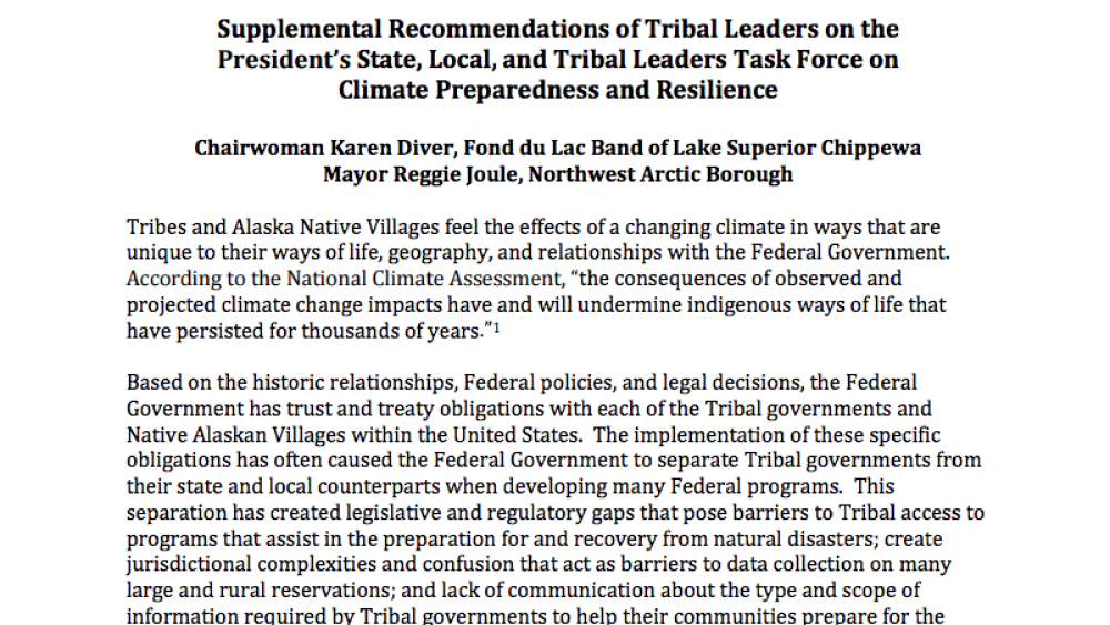 Supplemental Recommendations of Tribal Leaders on the President’s State, Local, and Tribal Leaders Task Force on Climate Preparedness and Resilience Supplemental Recommendations of Tribal Leaders on the President’s State, Local, and Tribal Leaders Task Force on Climate Preparedness and Resilience
