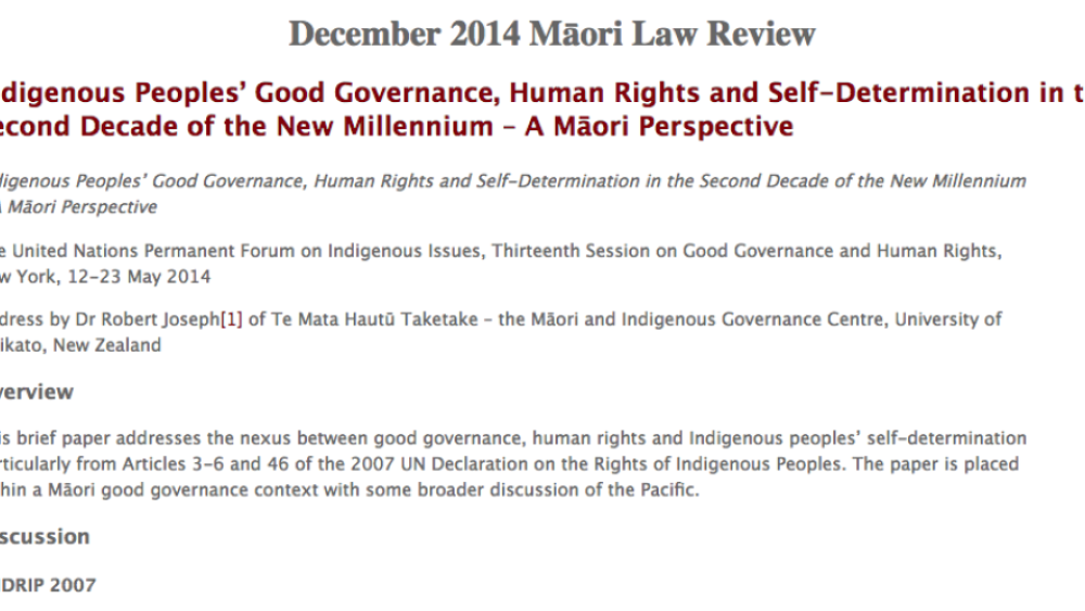 Indigenous Peoples’ Good Governance, Human Rights and Self-Determination in the Second Decade of the New Millennium – A M?ori Perspective Indigenous Peoples’ Good Governance, Human Rights and Self-Determination in the Second Decade of the New Millennium – A M?ori Perspective