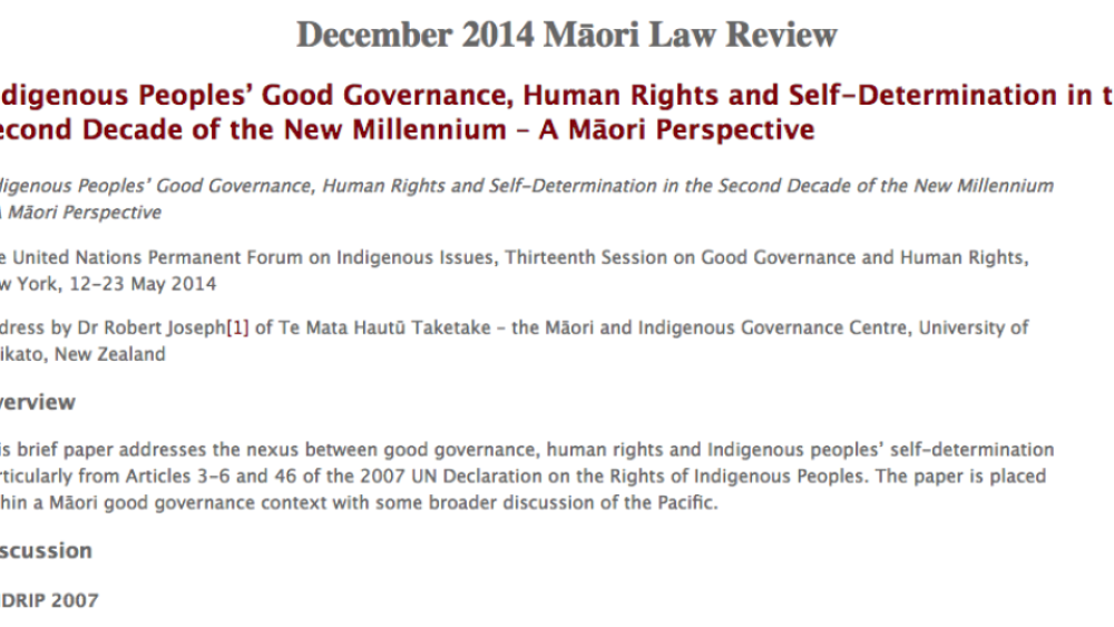 Indigenous Peoplesâ€™ Good Governance, Human Rights and Self-Determination in the Second Decade of the New Millennium â€“ A M?ori Perspective