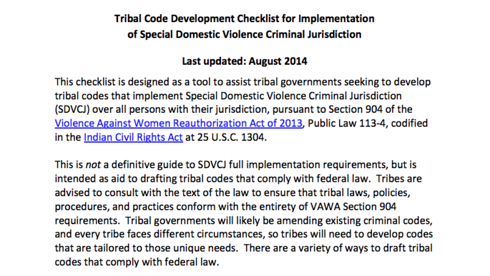 Tribal Code Development Checklist for Implementation of Special Domestic Violence Criminal Jurisdiction