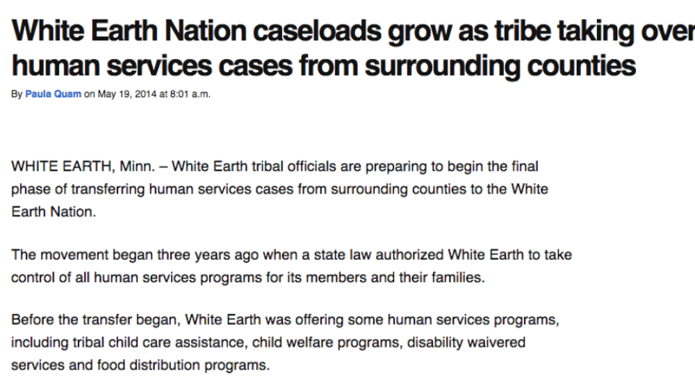White Earth Nation caseloads grow as tribe taking over human services cases from surrounding counties White Earth Nation caseloads grow as tribe taking over human services cases from surrounding counties