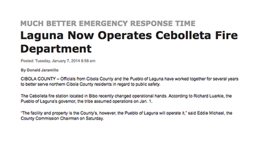 Laguna Now Operates Cebolleta Fire Department