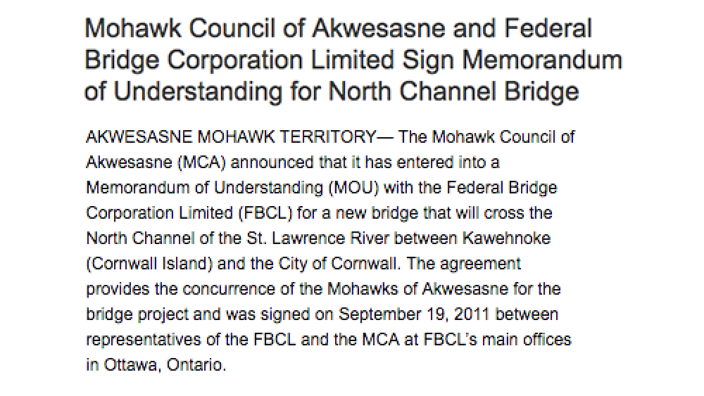 Mohawk Council of Akwesasne and Federal Bridge Corporation Limited Sign Memorandum of Understanding for North Channel Bridge Mohawk Council of Akwesasne and Federal Bridge Corporation Limited Sign Memorandum of Understanding for North Channel Bridge