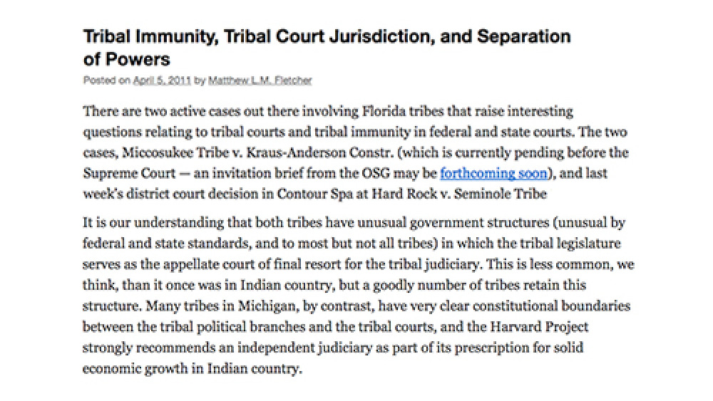 Tribal Immunity, Tribal Court Jurisdiction, and Separation of Powers