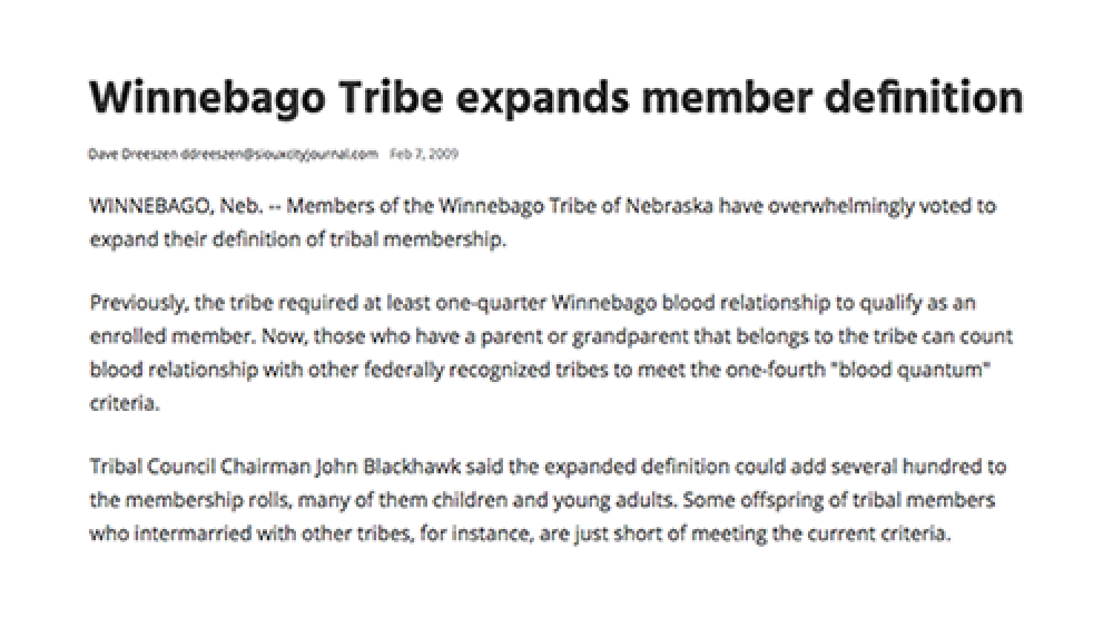 Winnebago Tribe expands member definition