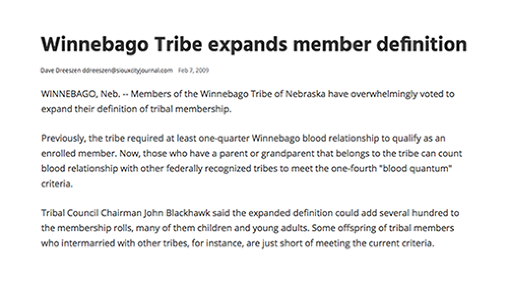 Winnebago Tribe expands member definition Winnebago Tribe expands member definition